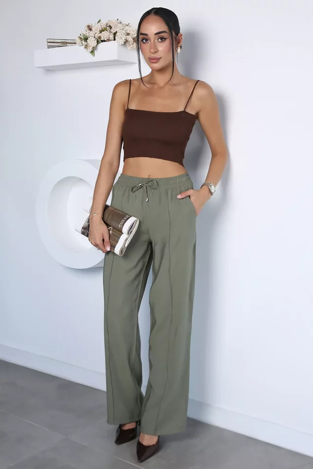 Kadın Bel Lastikli Çimalı Tencel Kumaş Pantolon - 1