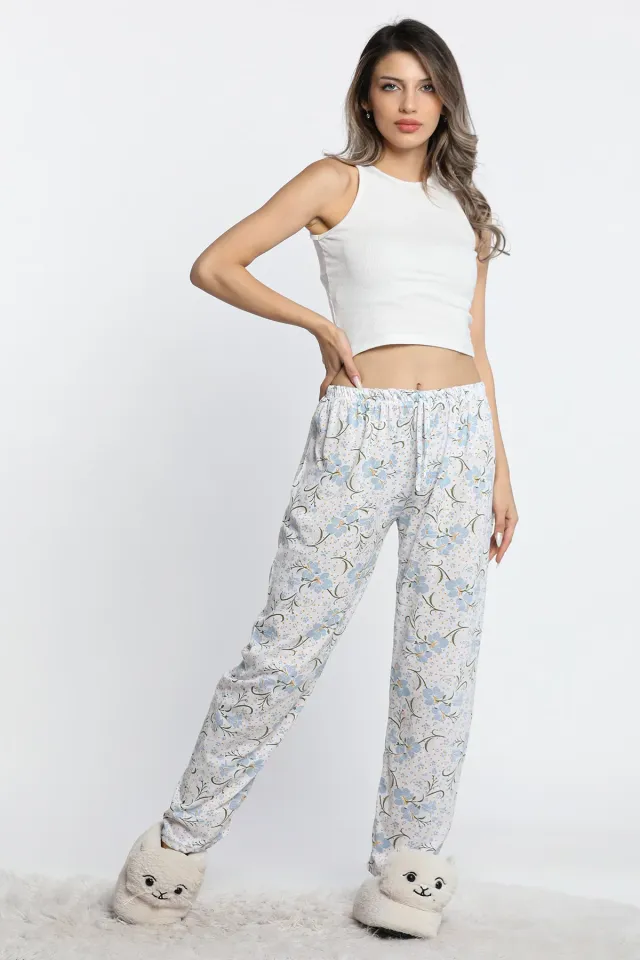 Kadın Bel Lastikli Desenli Alt Pijama Beyazmavi