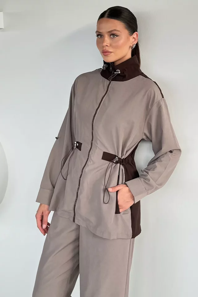 Kadın Bel Lastikli Fermuarlı Ceket Pantolon İkili Takım