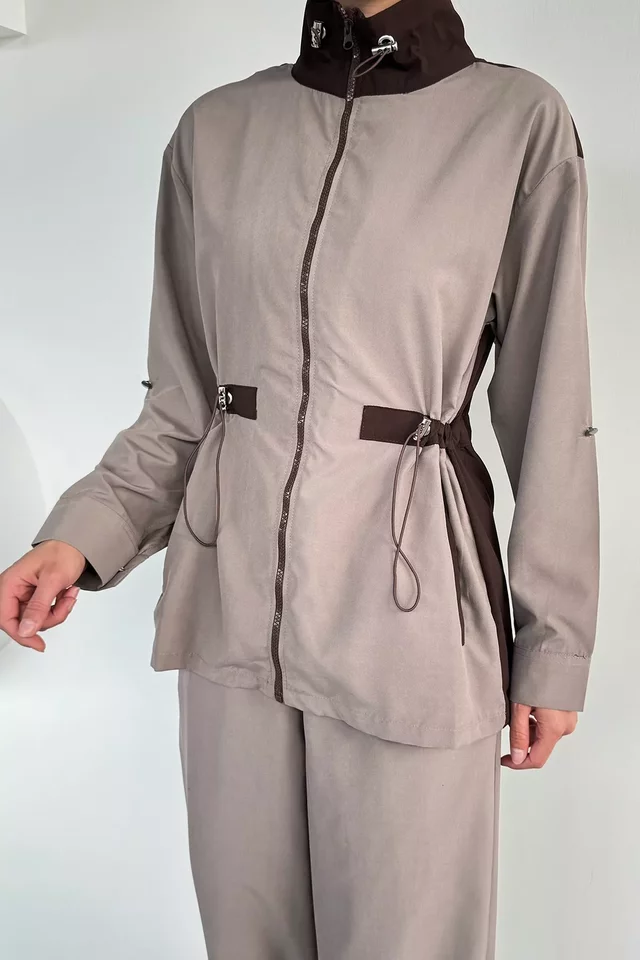Kadın Bel Lastikli Fermuarlı Ceket Pantolon İkili Takım