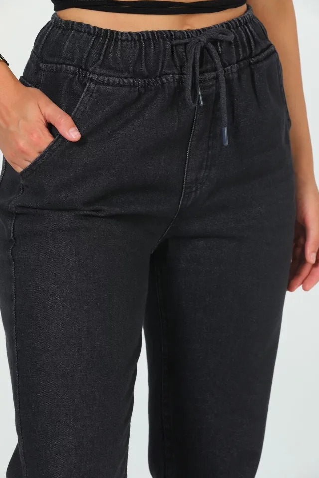 Kadın Bel Lastikli Mom Jeans Pantolon Füme