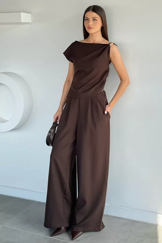 Kadın Bel Lastikli Pantolon Gold Detaylı Bluz İkili Takım - 1