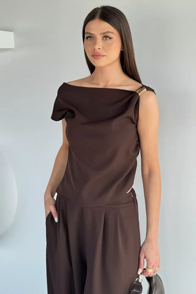 Kadın Bel Lastikli Pantolon Gold Detaylı Bluz İkili Takım - 2