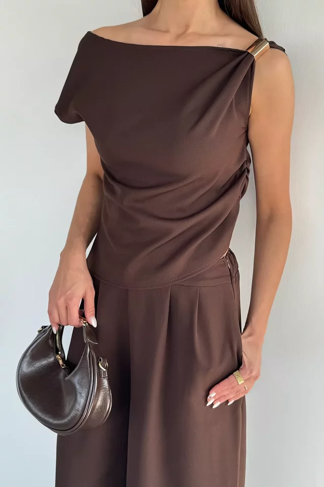 Kadın Bel Lastikli Pantolon Gold Detaylı Bluz İkili Takım