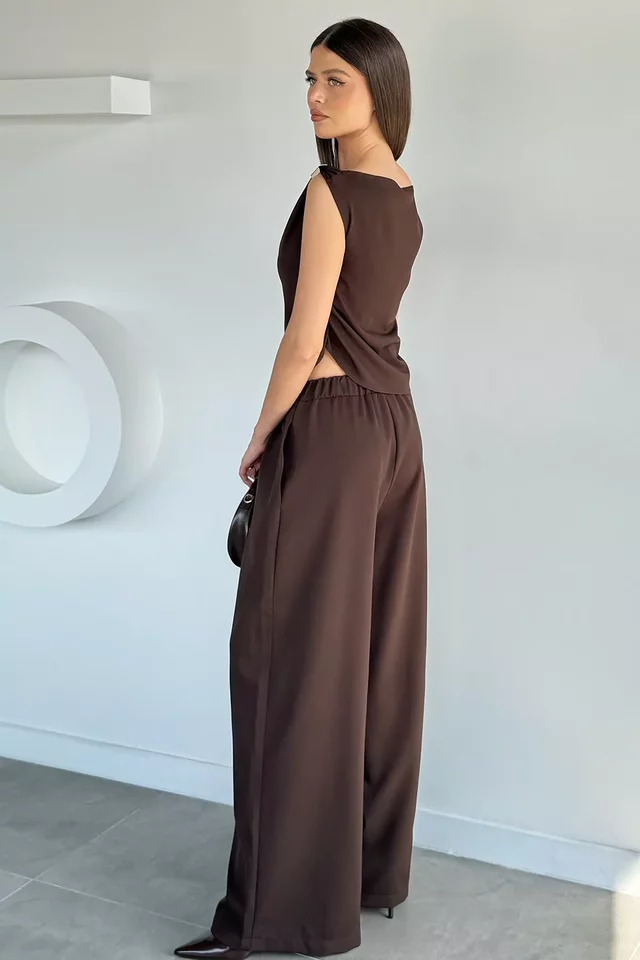Kadın Bel Lastikli Pantolon Gold Detaylı Bluz İkili Takım
