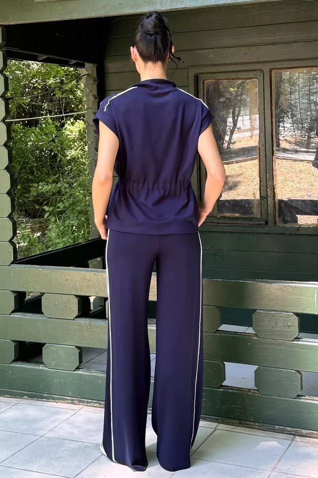 Kadın Bel Lastikli Pantolon Ön Fermuarlı Yelek İkili Takım