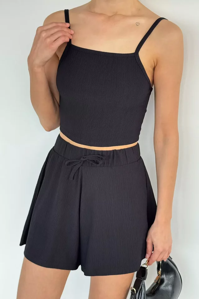 Kadın Bel Lastikli Şort Biyeli Crop İkili Takım