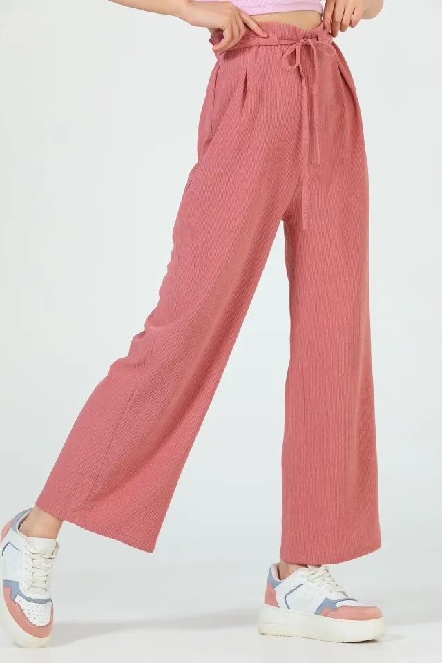 Kadın Beli Fırfırlı Zara Örme Pantolon Gülkurusu