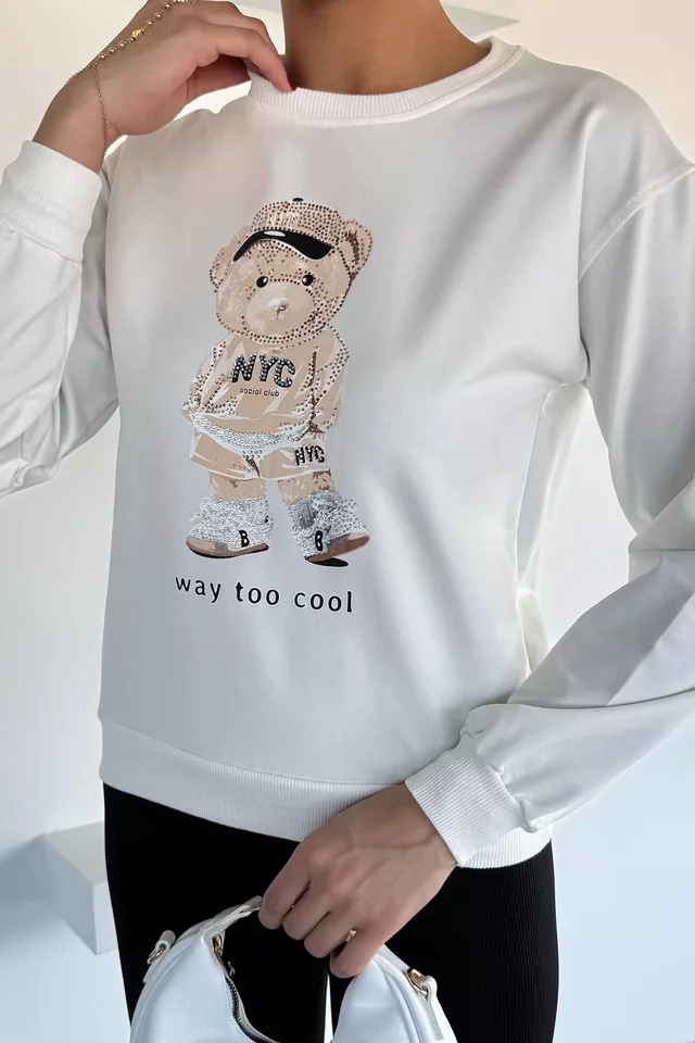Kadın Bisiklet Yaka Baskılı Taş İşlemeli Sweatshirt - 1