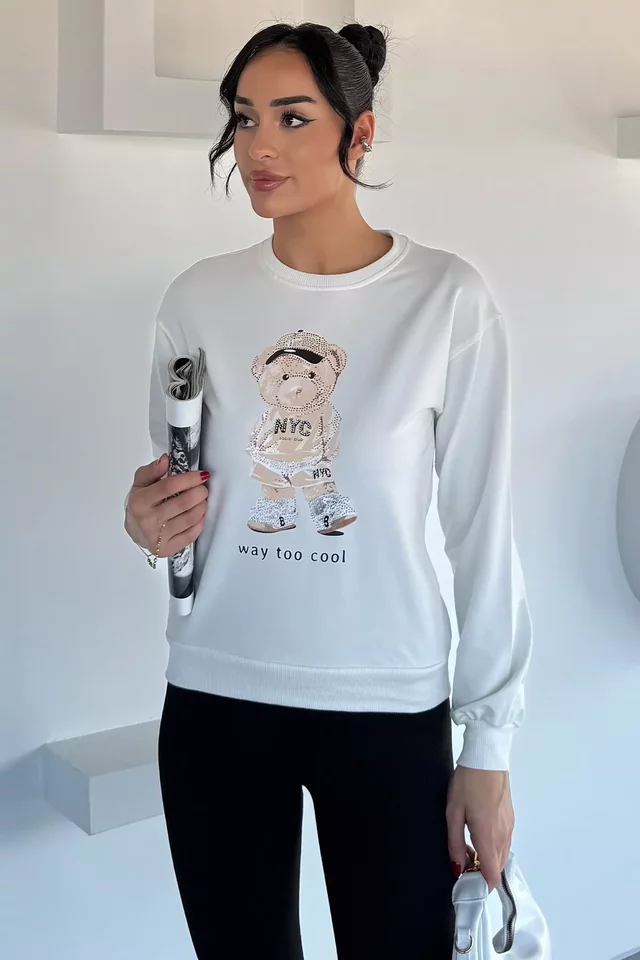 Kadın Bisiklet Yaka Baskılı Taş İşlemeli Sweatshirt - 2