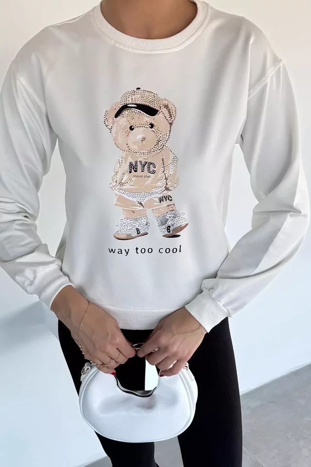 Kadın Bisiklet Yaka Baskılı Taş İşlemeli Sweatshirt