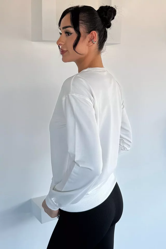 Kadın Bisiklet Yaka Baskılı Taş İşlemeli Sweatshirt