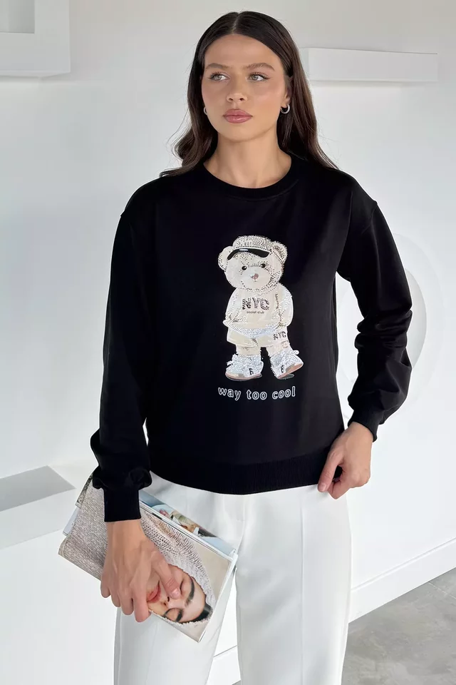 Kadın Bisiklet Yaka Baskılı Taş İşlemeli Sweatshirt - 2