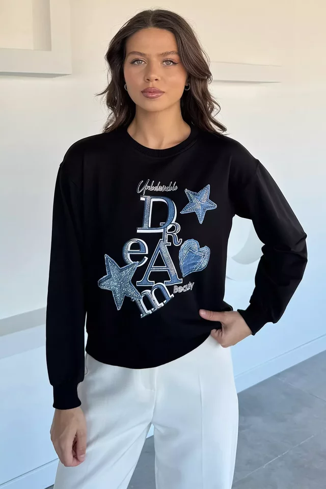 Kadın Bisiklet Yaka Baskılı Taş İşlemeli Sweatshirt - 1