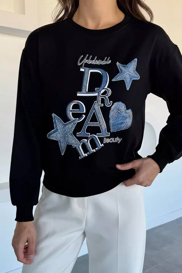 Kadın Bisiklet Yaka Baskılı Taş İşlemeli Sweatshirt - 2