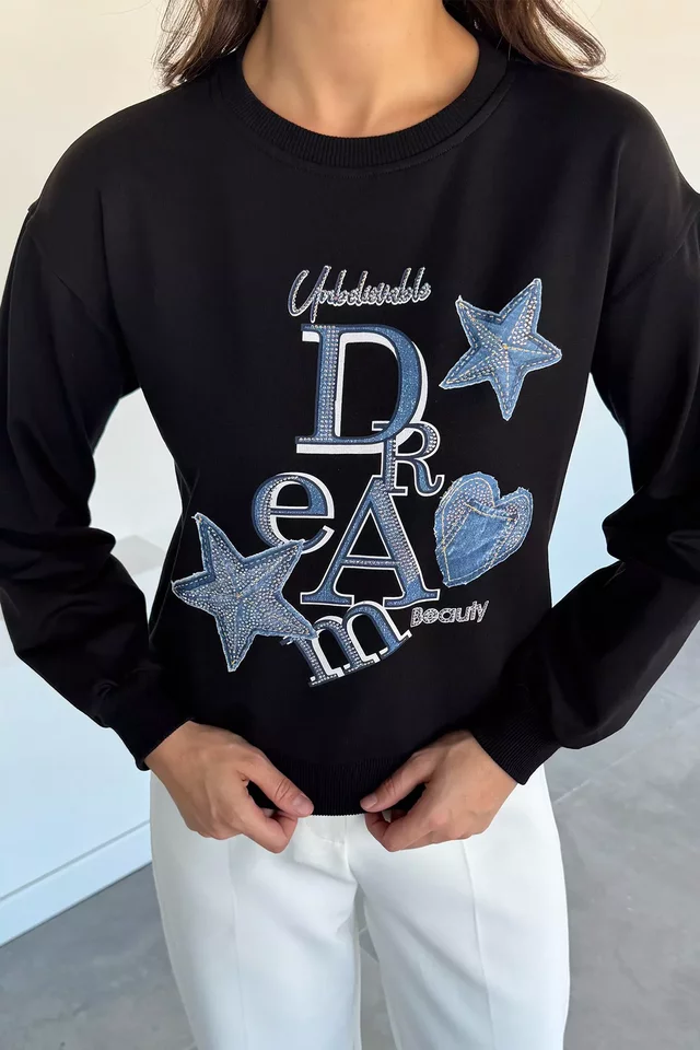 Kadın Bisiklet Yaka Baskılı Taş İşlemeli Sweatshirt