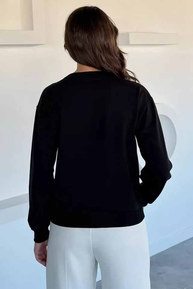 Kadın Bisiklet Yaka Baskılı Taş İşlemeli Sweatshirt