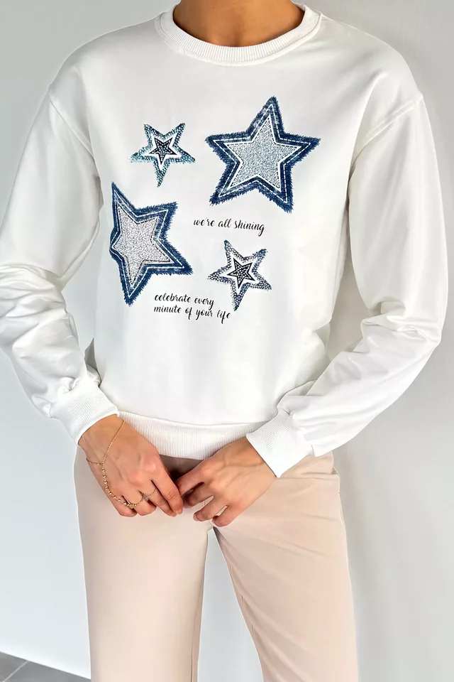 Kadın Bisiklet Yaka Baskılı Taş İşlemeli Sweatshirt - 1