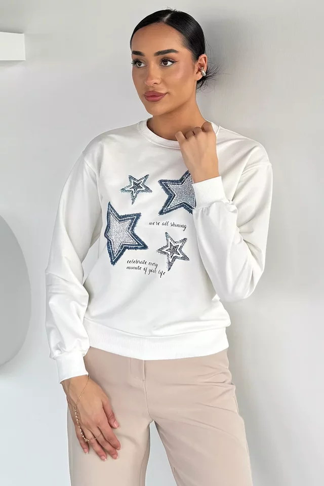 Kadın Bisiklet Yaka Baskılı Taş İşlemeli Sweatshirt - 2