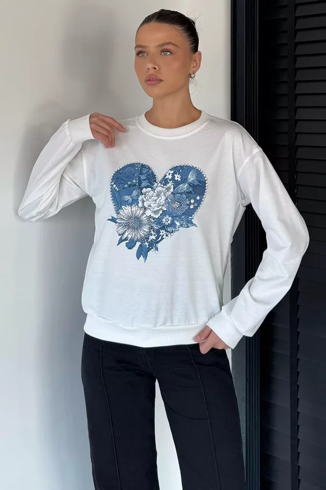 Kadın Bisiklet Yaka Baskılı Taş İşlemeli Sweatshirt - 1