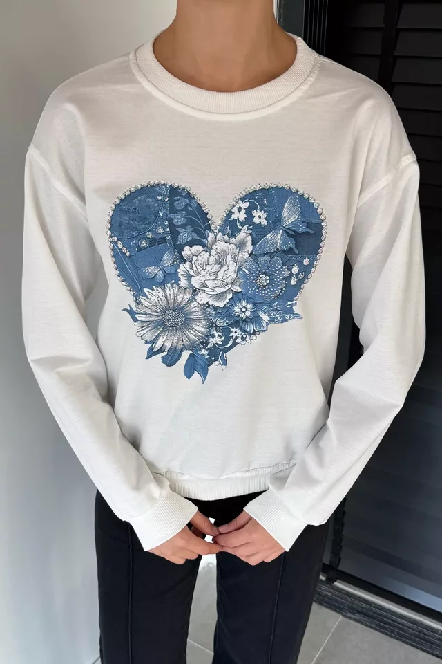 Kadın Bisiklet Yaka Baskılı Taş İşlemeli Sweatshirt - 2