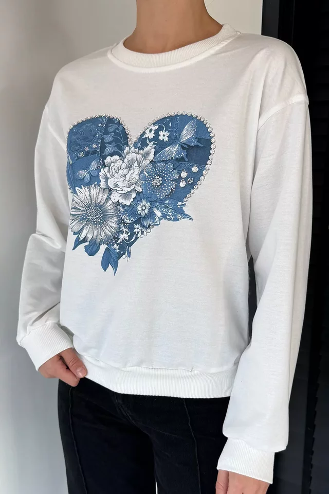 Kadın Bisiklet Yaka Baskılı Taş İşlemeli Sweatshirt