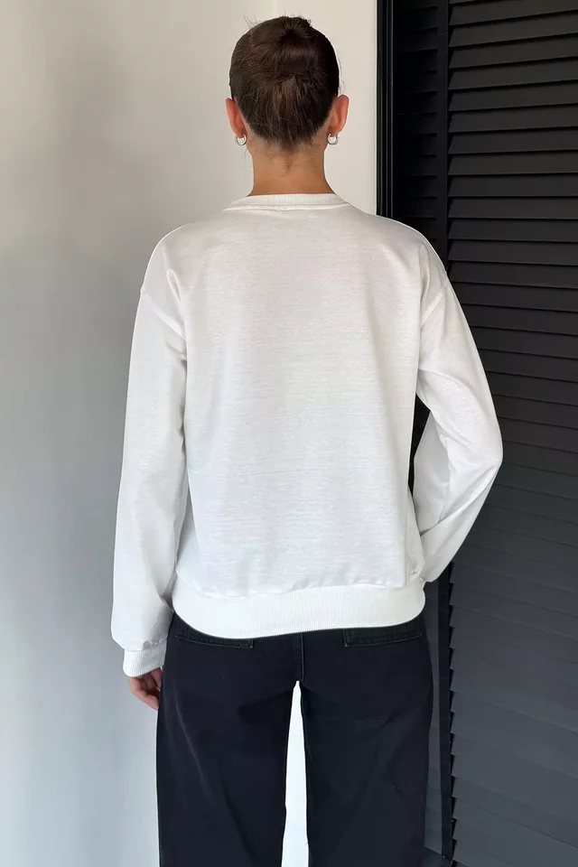 Kadın Bisiklet Yaka Baskılı Taş İşlemeli Sweatshirt