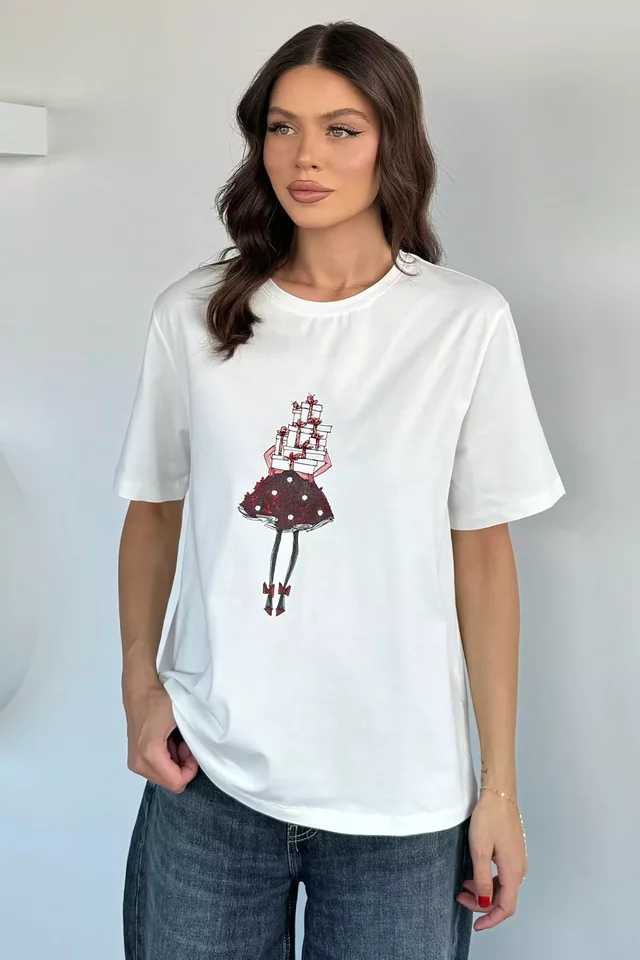 Kadın Bisiklet Yaka Baskılı Taş İşlemeli Tişört - 1