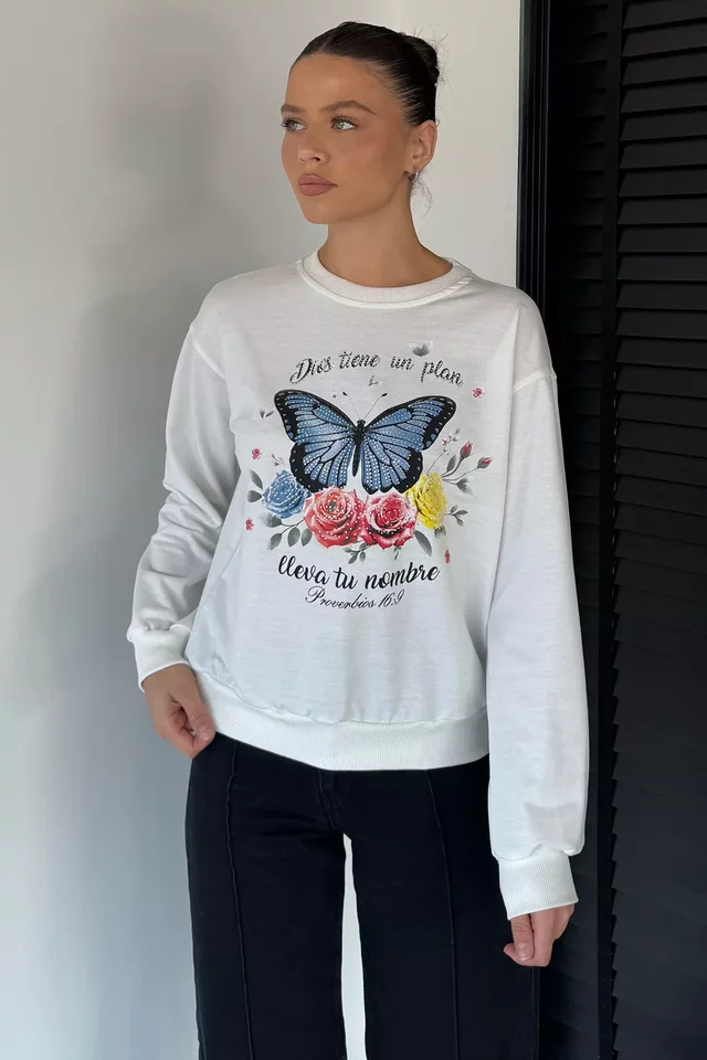 Kadın Bisiklet Yaka Kelebek Baskılı Taş İşlemeli Sweatshirt - 1