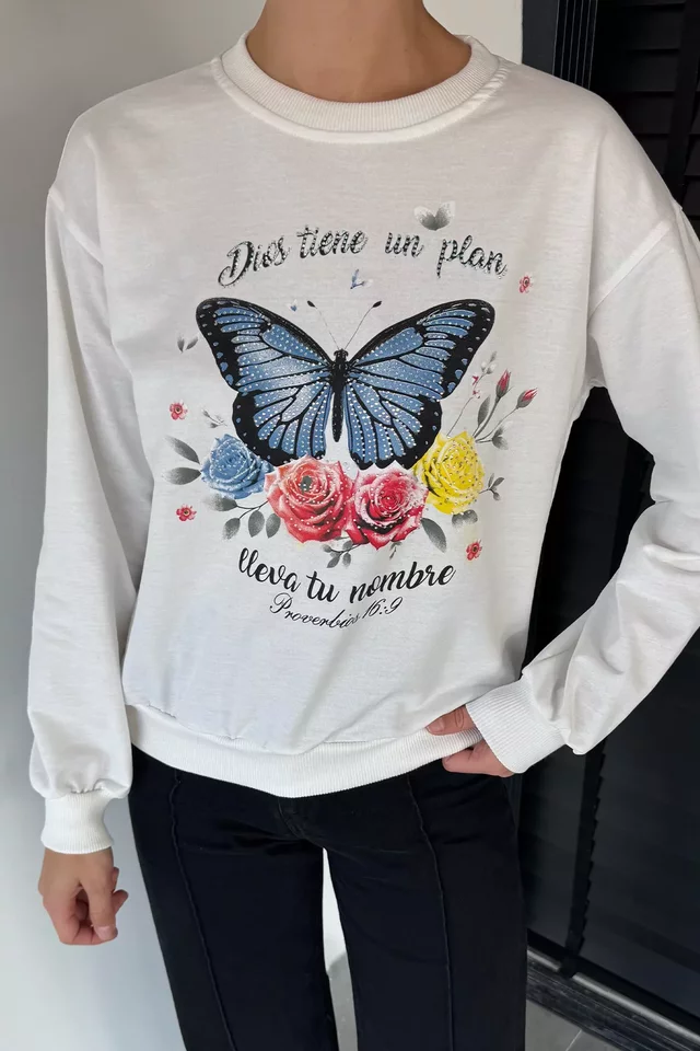 Kadın Bisiklet Yaka Kelebek Baskılı Taş İşlemeli Sweatshirt - 2