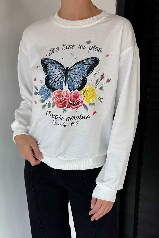 Kadın Bisiklet Yaka Kelebek Baskılı Taş İşlemeli Sweatshirt