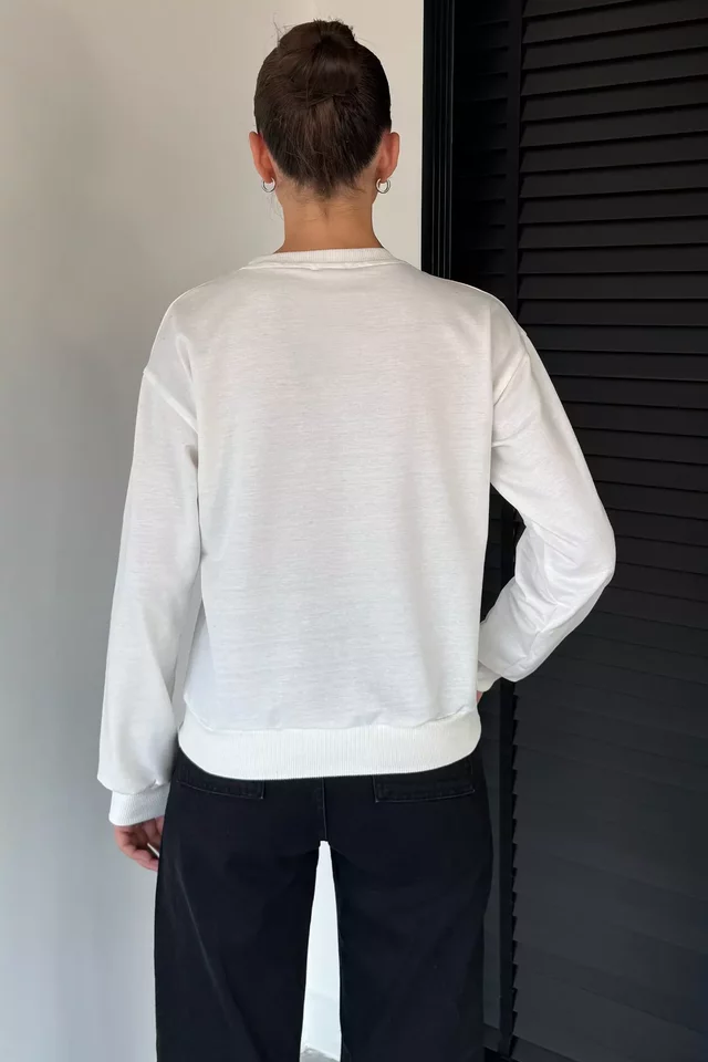 Kadın Bisiklet Yaka Kelebek Baskılı Taş İşlemeli Sweatshirt