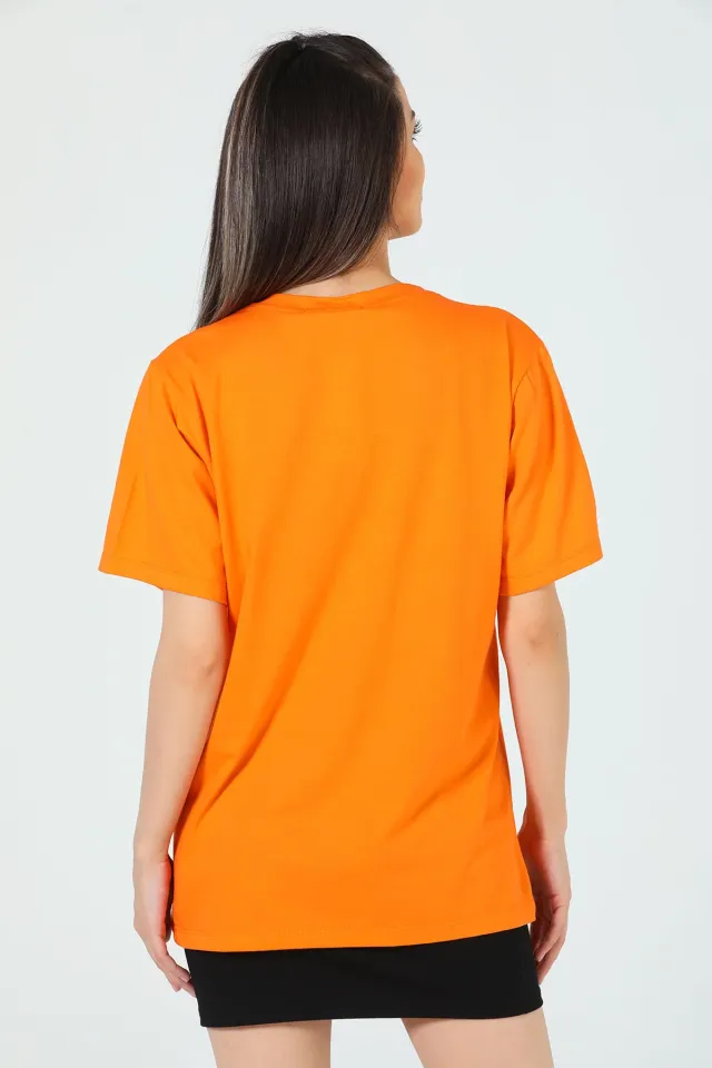 Kadın Bisiklet Yaka Nakışlı İncili T-shirt Orange