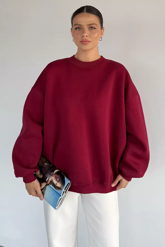 Kadın Bisiklet Yaka Şardonlu Oversize Sweatshirt - 2