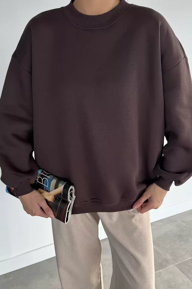 Kadın Bisiklet Yaka Şardonlu Oversize Sweatshirt
