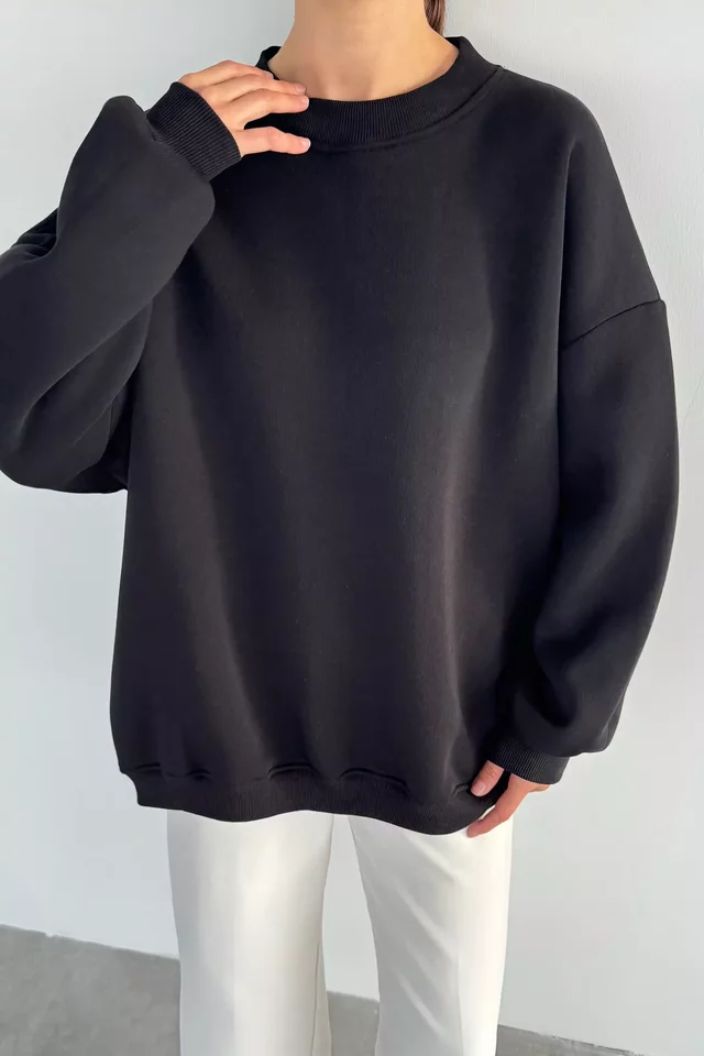 Kadın Bisiklet Yaka Şardonlu Oversize Sweatshirt - 2