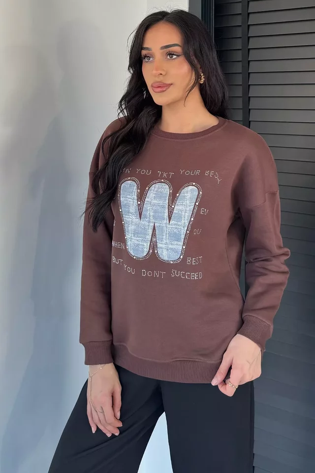 Kadın Bisiklet Yaka Taş İşlemeli Şardonlu Sweatshirt - 1