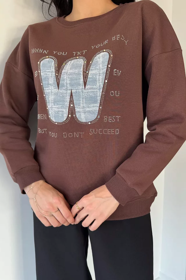 Kadın Bisiklet Yaka Taş İşlemeli Şardonlu Sweatshirt - 2