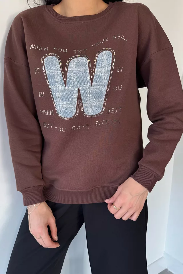 Kadın Bisiklet Yaka Taş İşlemeli Şardonlu Sweatshirt