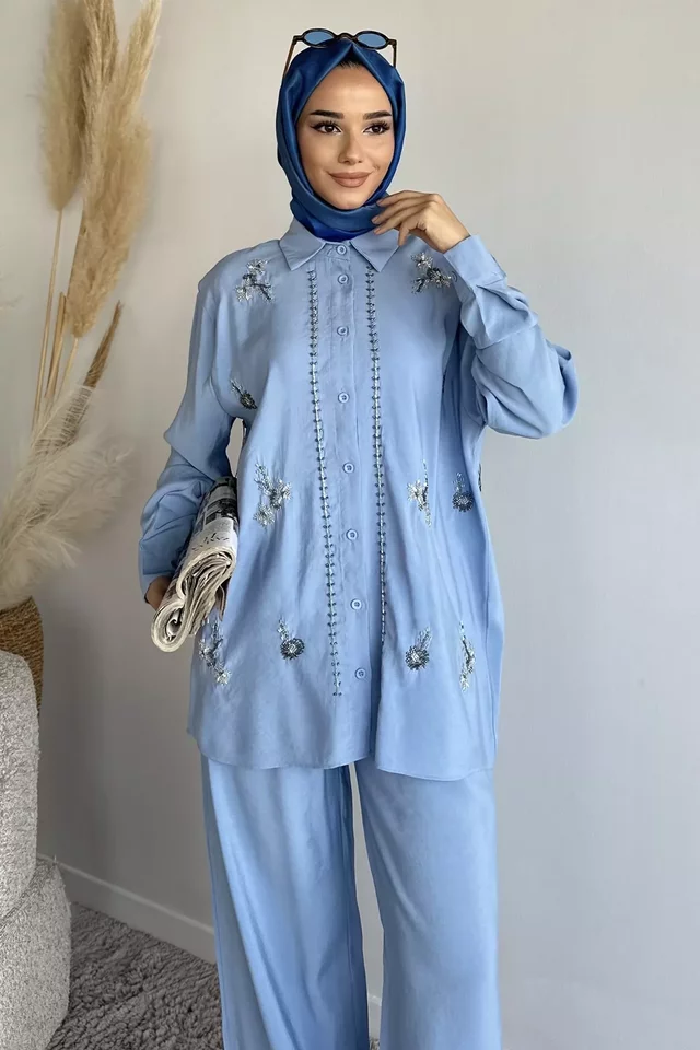 Kadın Boncuk İşlemeli Tesettür Gömlek Pantolon İkili Takım - 2