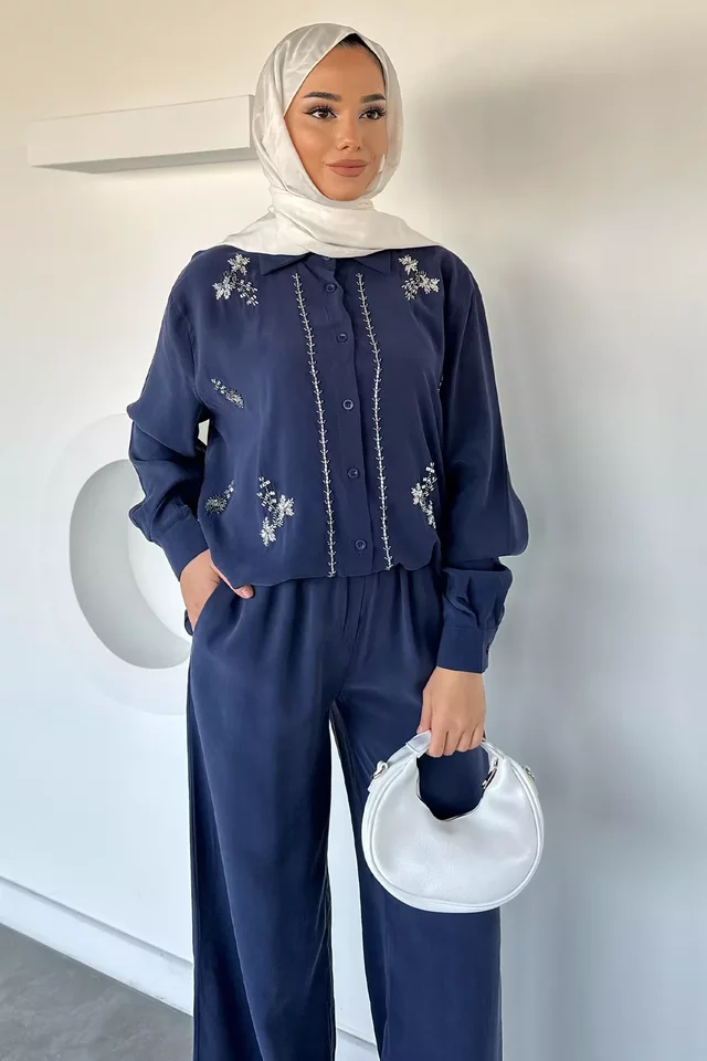 Kadın Boncuk İşlemeli Tesettür Gömlek Pantolon İkili Takım - 2