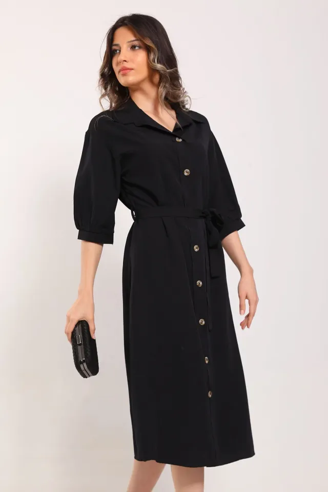 Kadın Boydan Düğmeli Bel Kuşak Detaylı Elbise Siyah