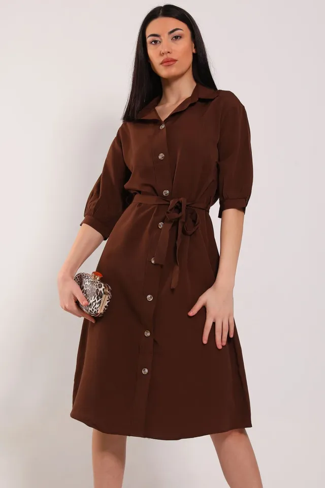 Kadın Boydan Düğmeli Bel Kuşak Detaylı Elbise Kahve