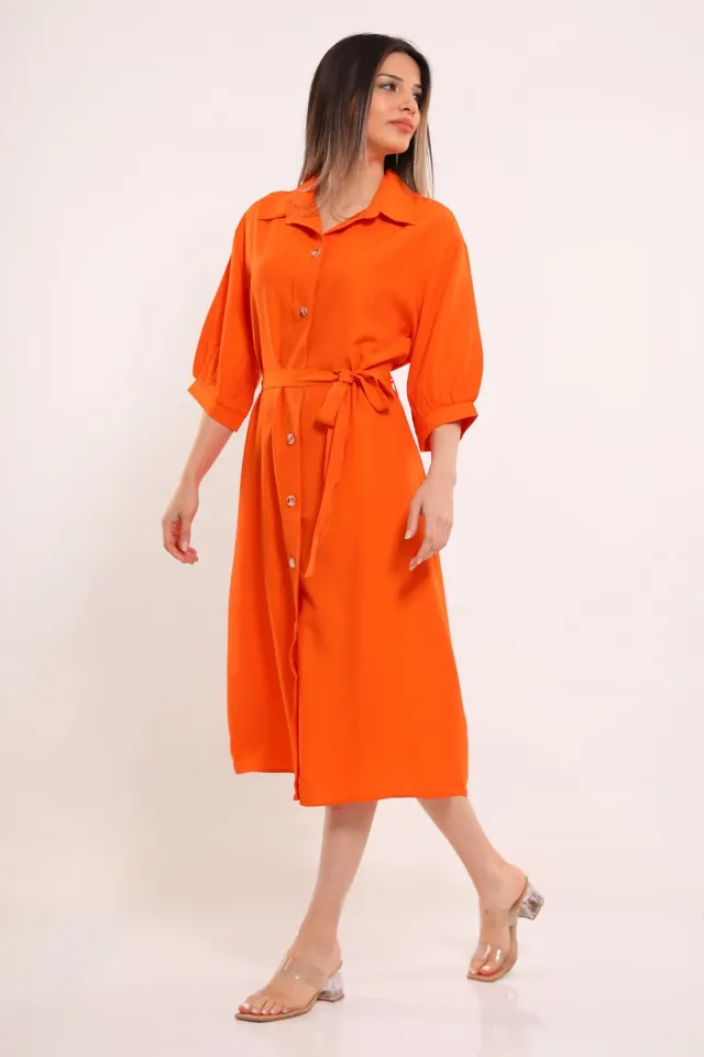 Kadın Boydan Düğmeli Bel Kuşak Detaylı Elbise Orange