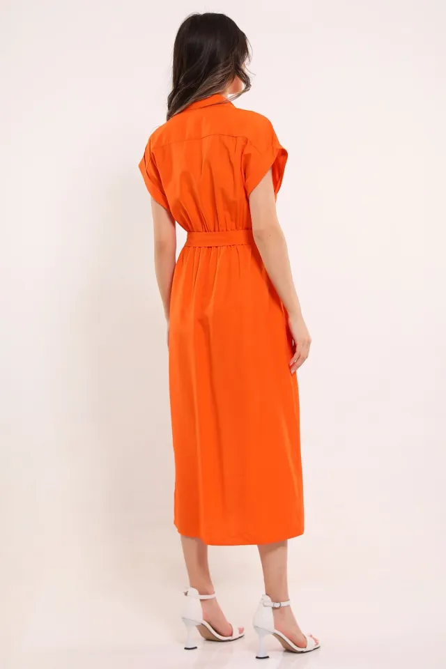 Kadın Boydan Düğmeli Cepli Kuşak Detaylı Elbise Orange