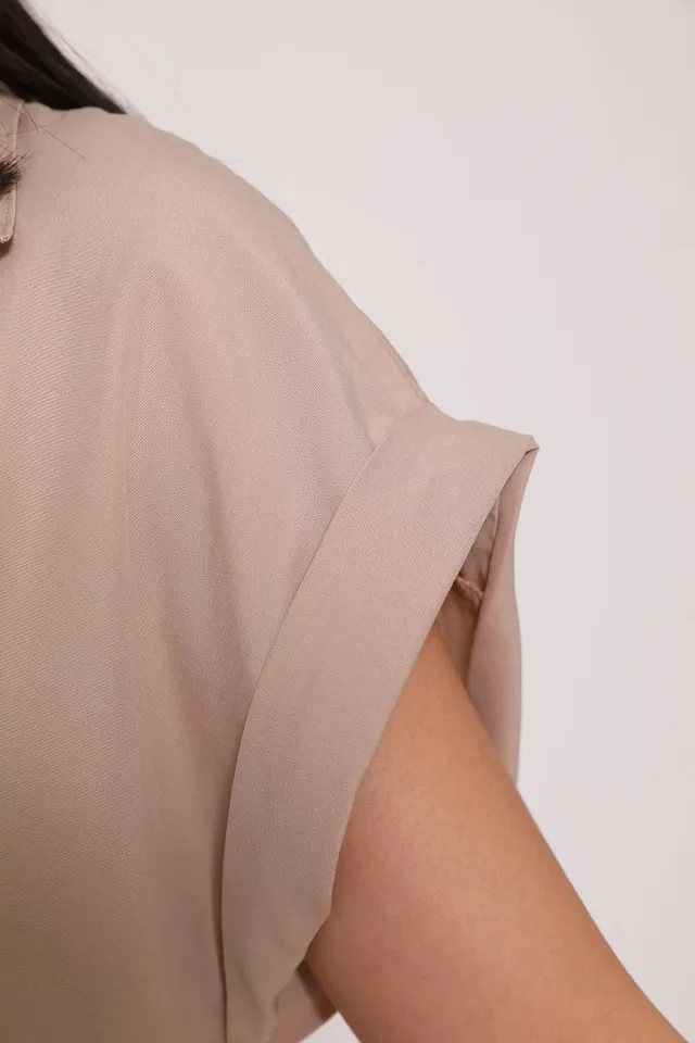 Kadın Boydan Düğmeli Cepli Kuşak Detaylı Elbise Taş