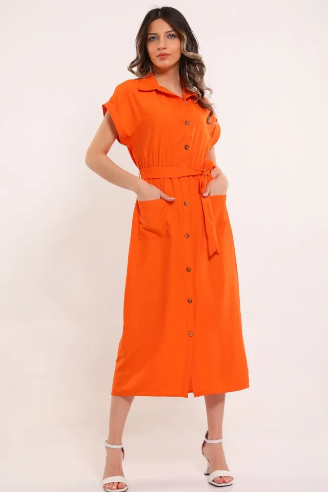 Kadın Boydan Düğmeli Cepli Kuşak Detaylı Elbise Orange
