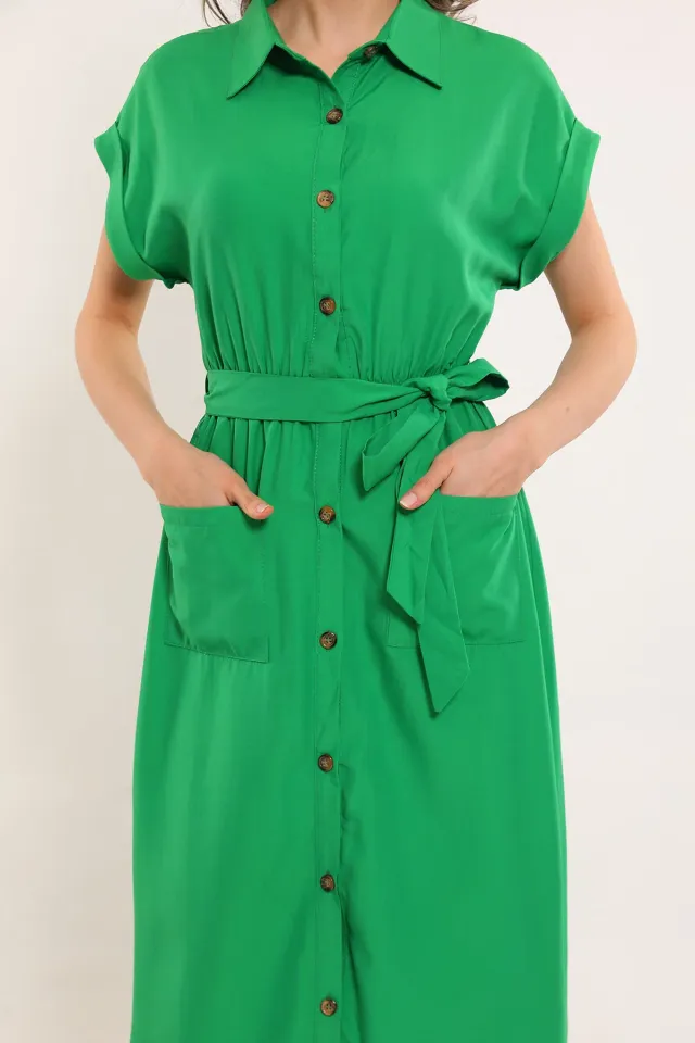 Kadın Boydan Düğmeli Cepli Kuşak Detaylı Elbise Yeşil