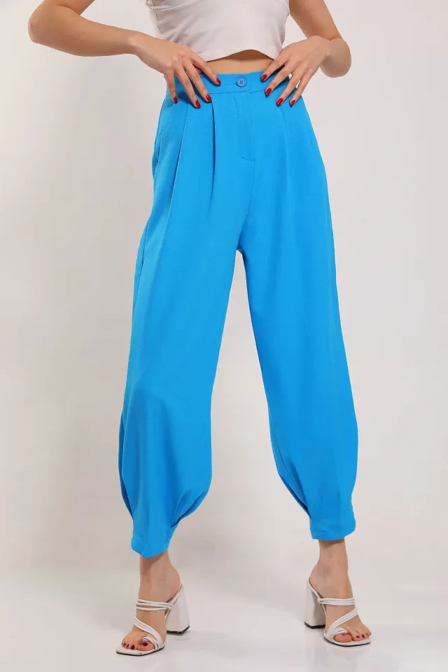 Kadın Cep Detaylı Şalvar Kumaş Pantolon Mavi