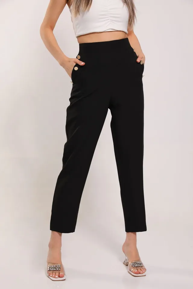 Kadın Cep Düğmeli Bel Lastikli Kumaş Pantolon Siyah
